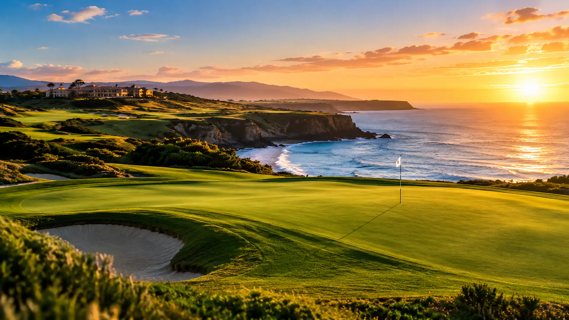 Coastal golf course at sunset overlooking the ocean